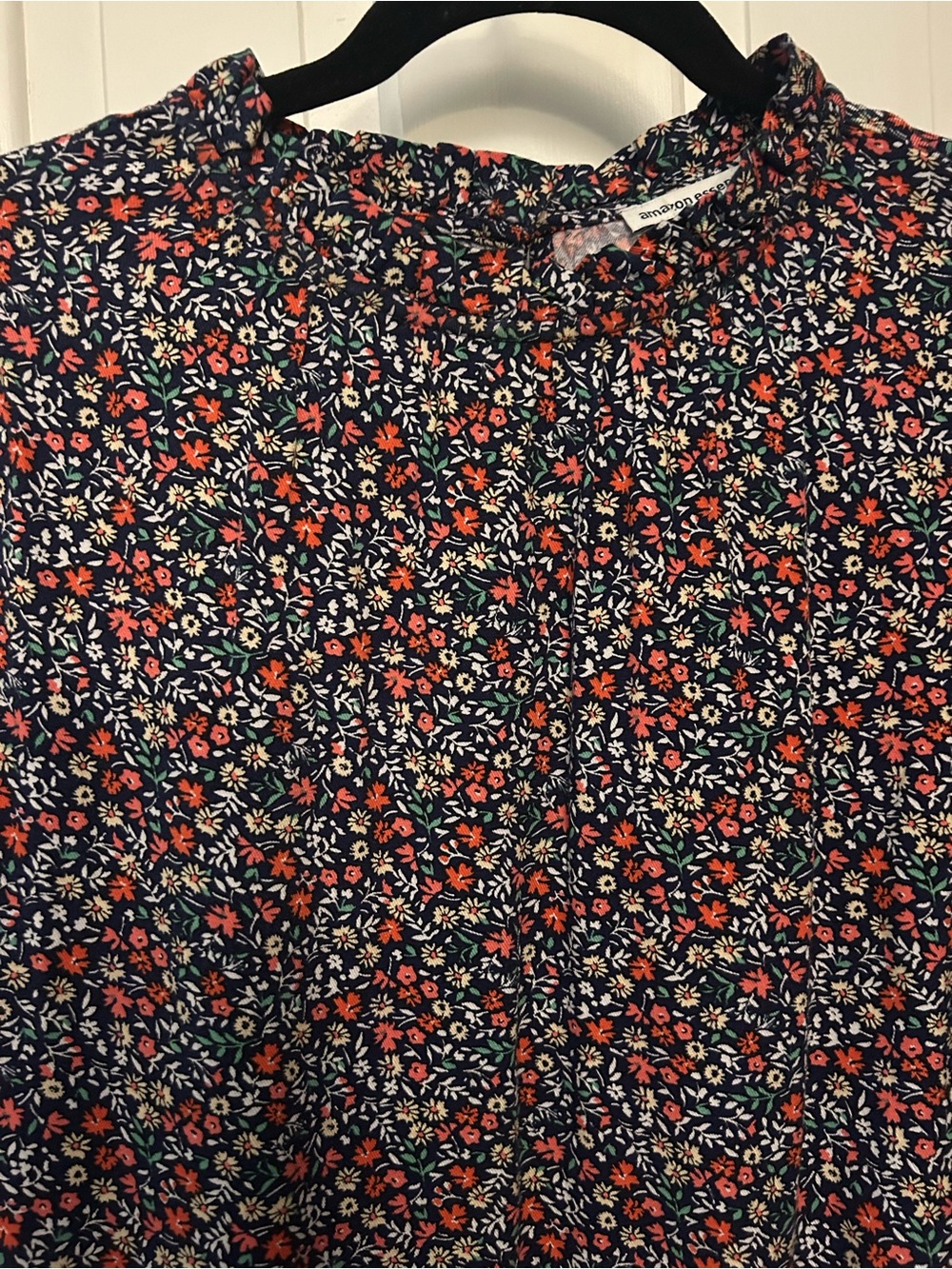 Floral Navy Blouse with Coral & Cream Flowers